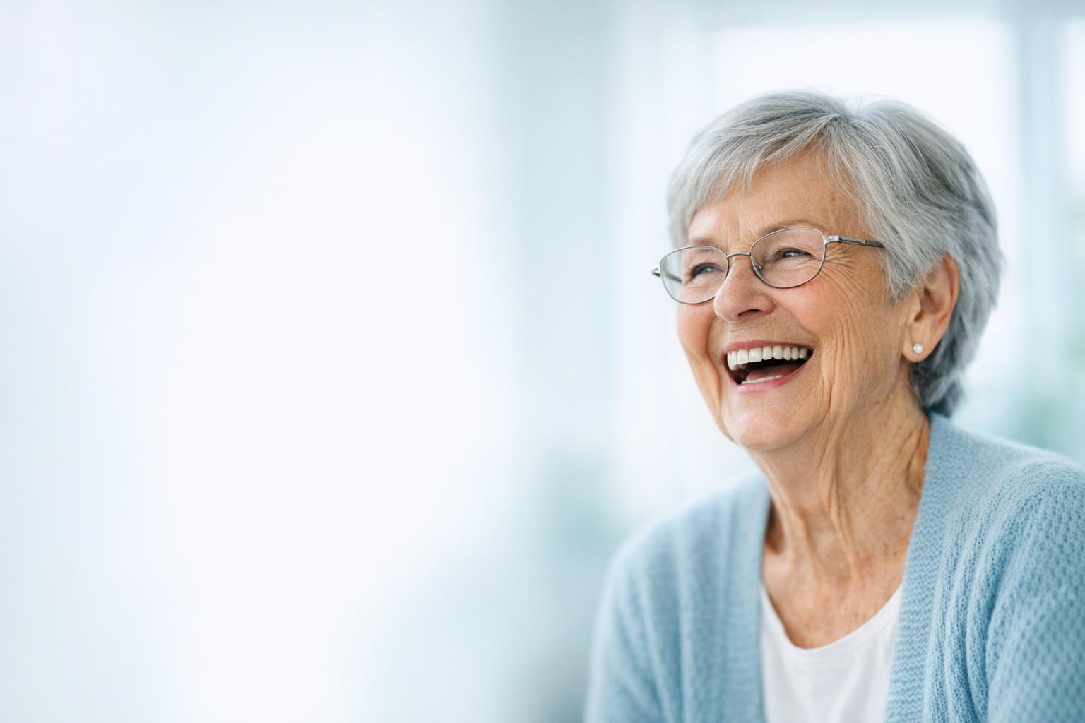 A smiling older woman in a bright, light-filled interior