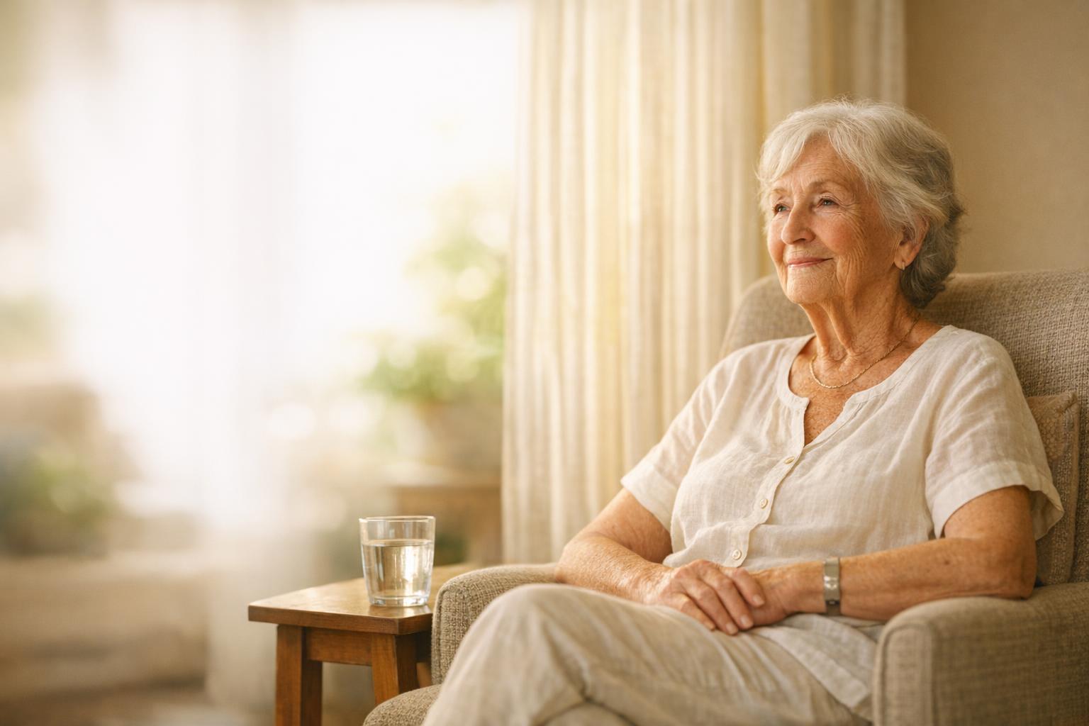 A serene older woman, cool and safe at home during a summer heat episode