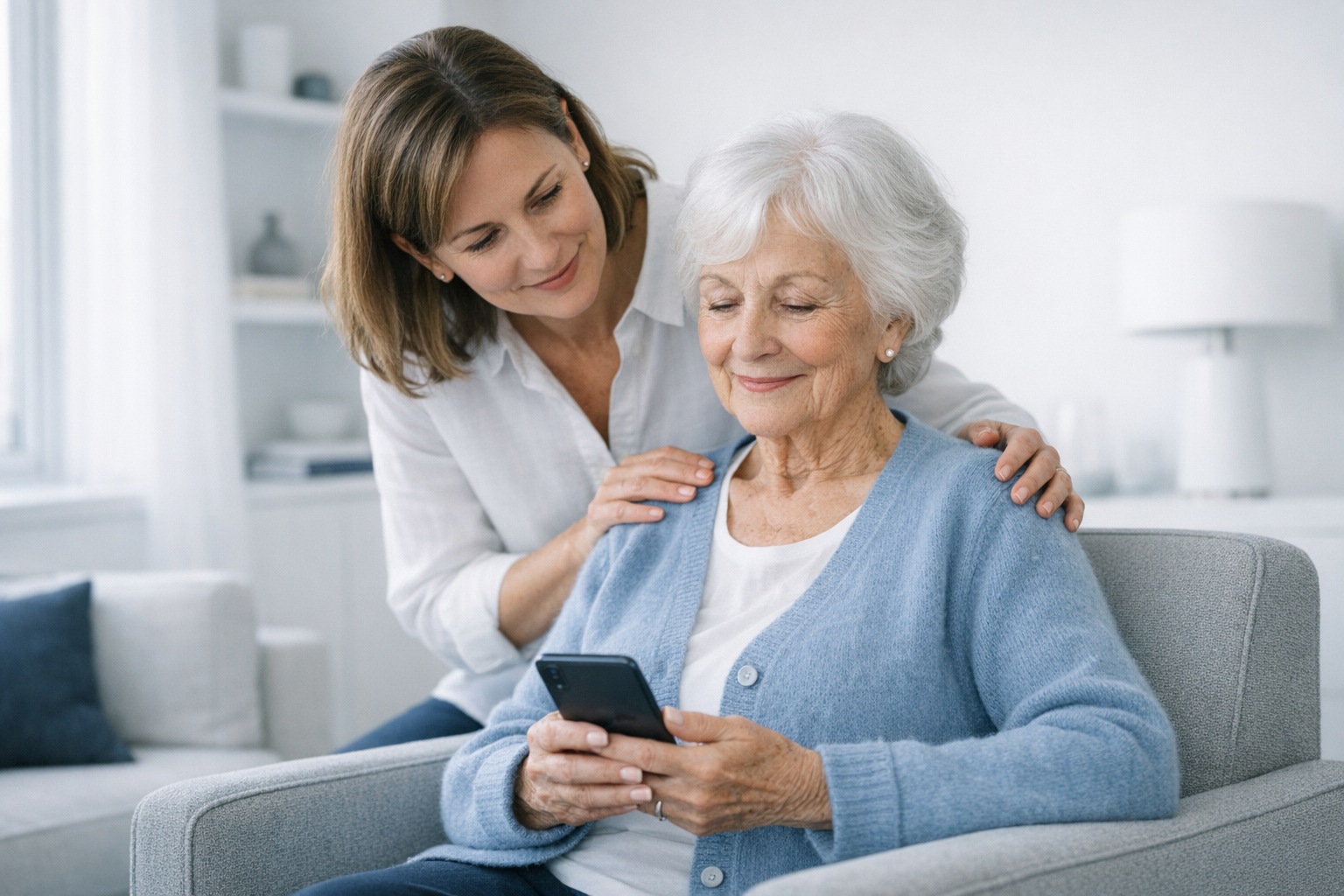 A woman caring for her elderly mother at home