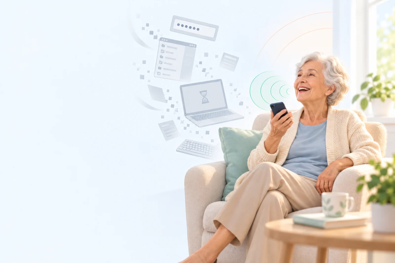A woman smiles in her armchair as she talks to her phone