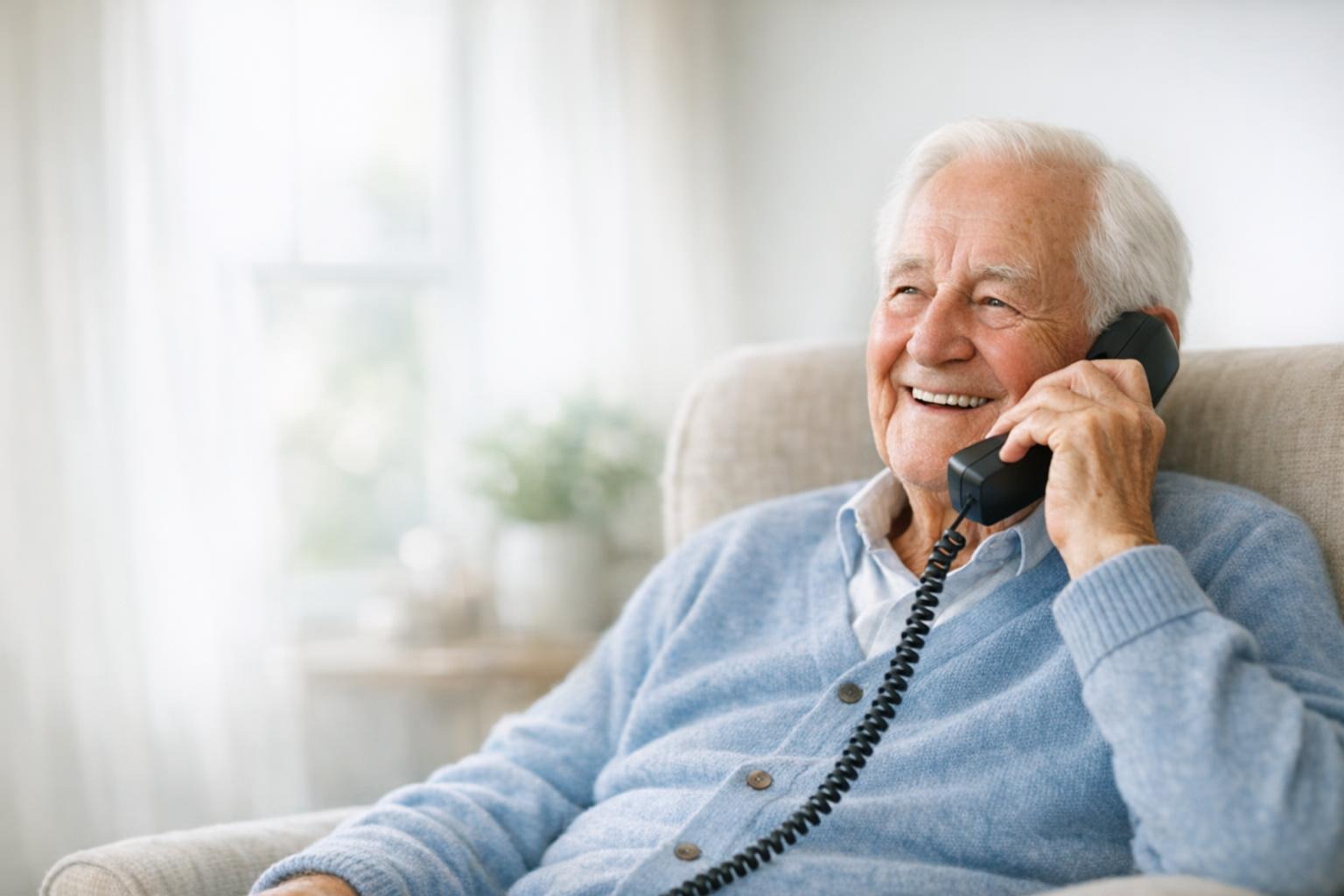 Un homme âgé souriant chez lui, au téléphone